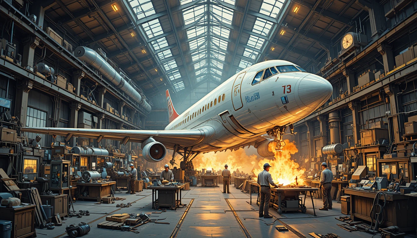 Atelier industriel avec assemblage d’avions et ouvriers affairés