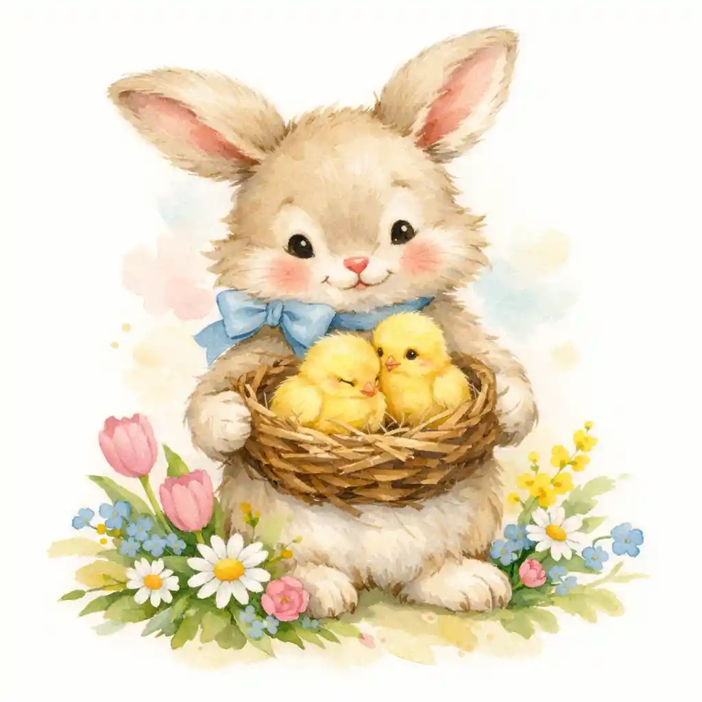 Watercolor rabbit with nest of baby chicks and flowers