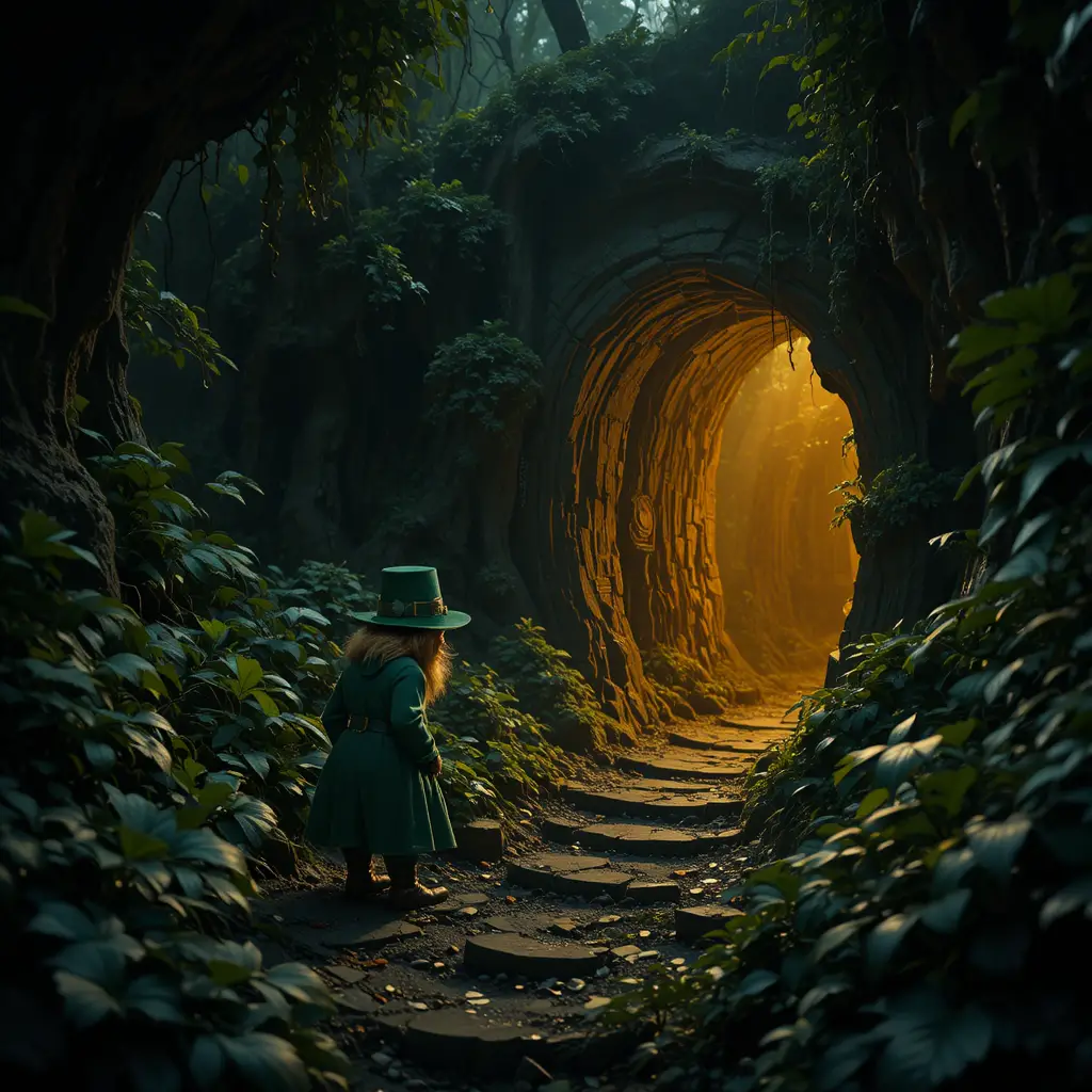 Frightened leprechaun by glowing cave in dense jungle