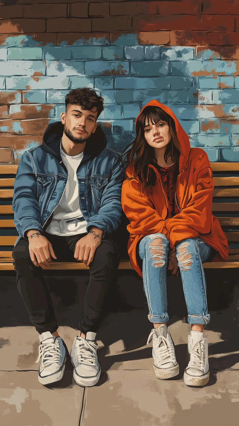 Young couple sitting on an urban bench facing forward