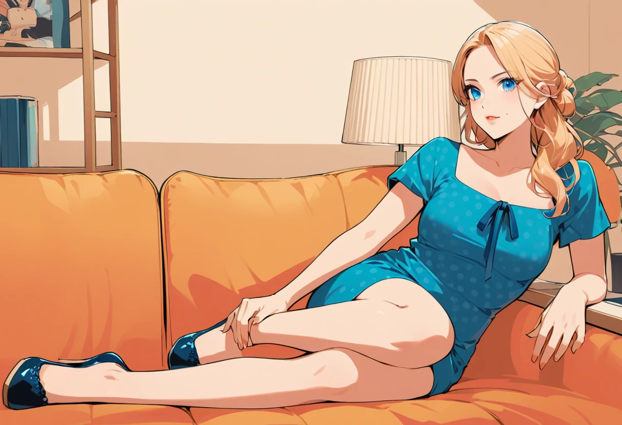 Donna sicura di sé in tailleur blu seduta in un ufficio moderno
