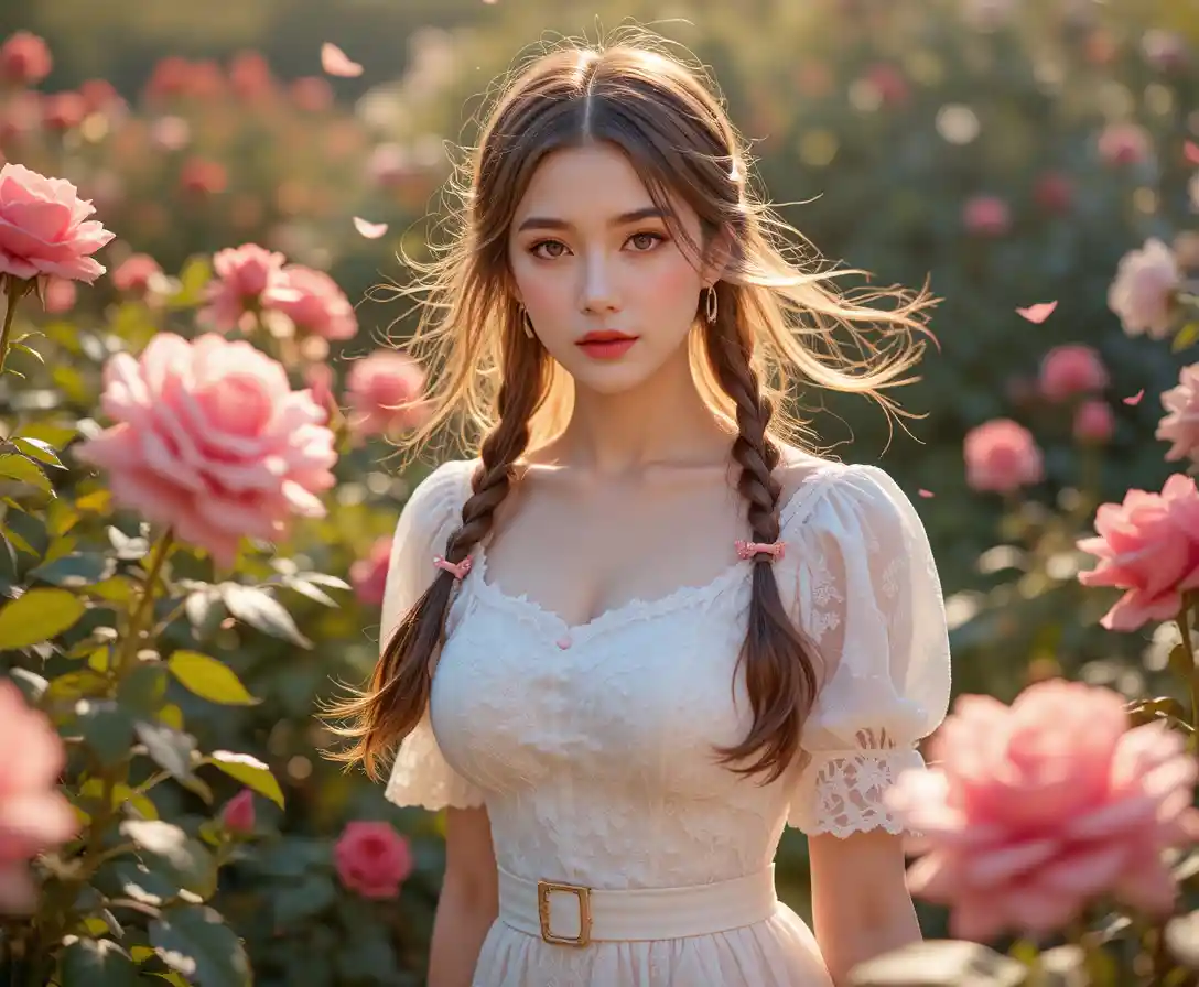 Mulher de vestido branco entre rosas floridas no jardim
