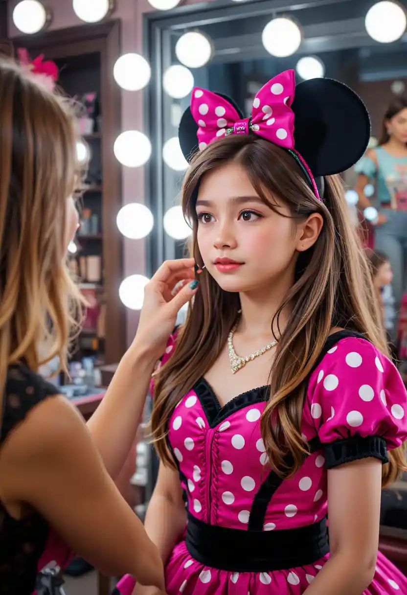 Young boy in pink Minnie dress in boutique dressing room