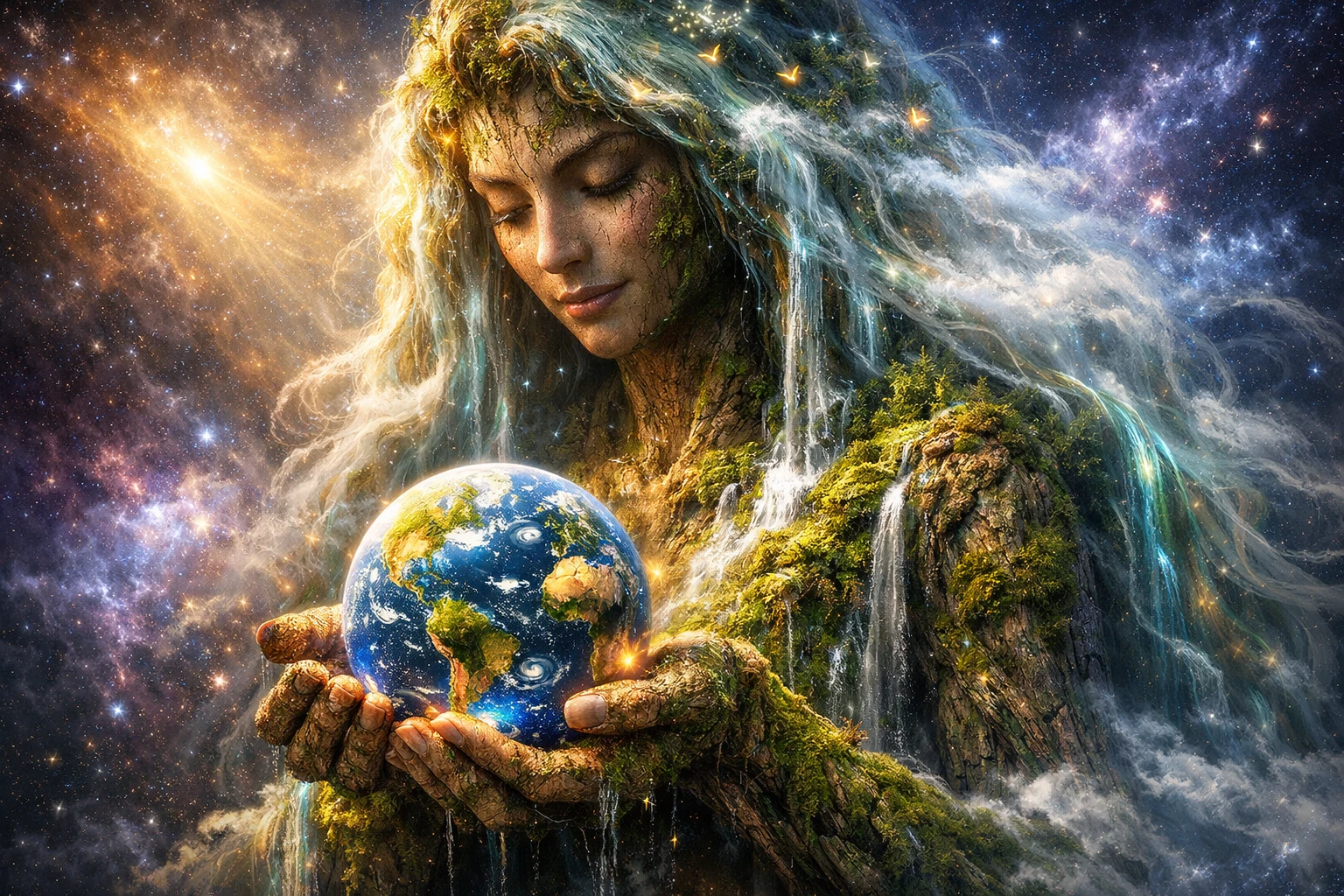 Surreal Mother Earth Woman Holding A Glowing Miniature Planet