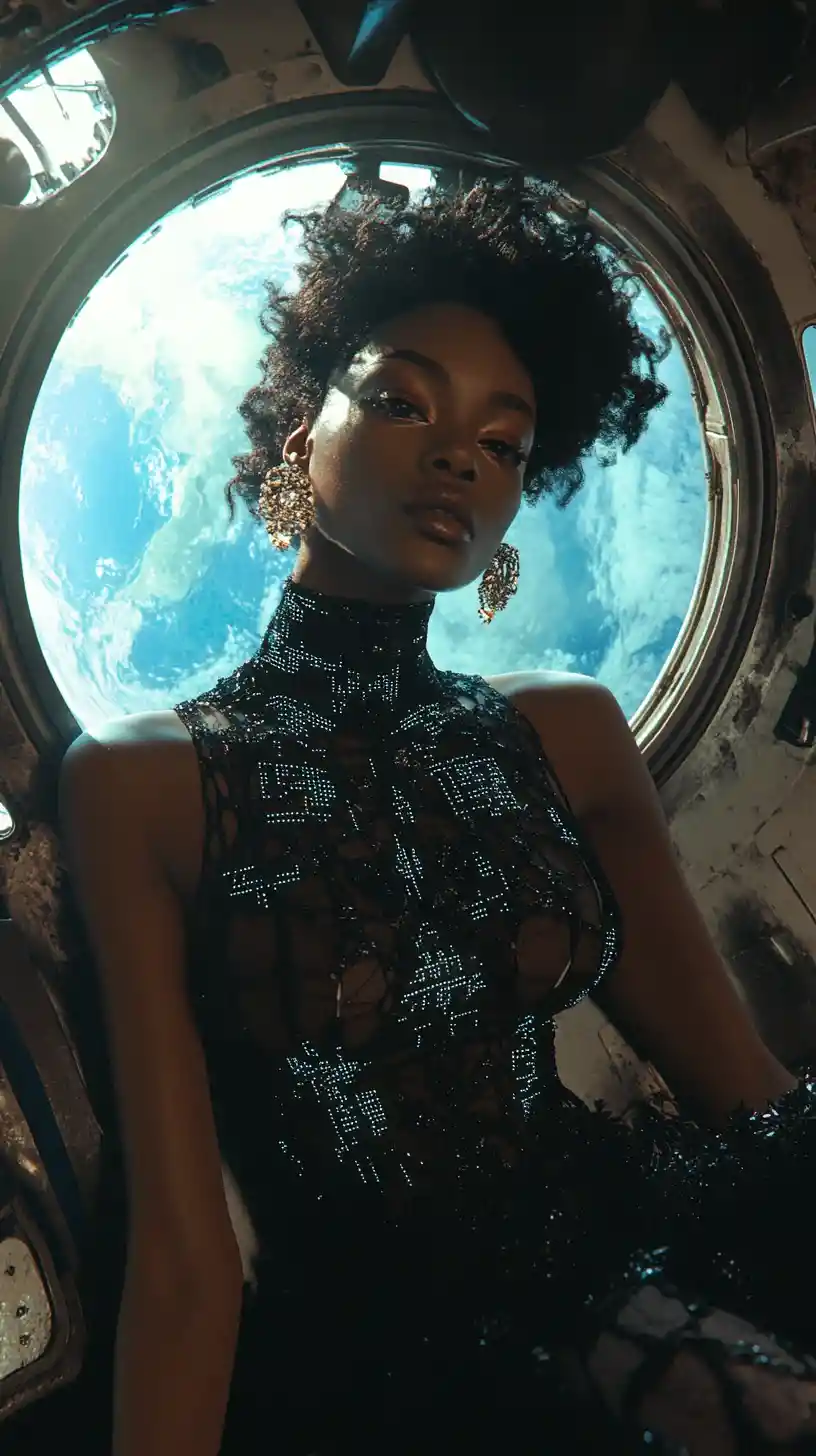 Afrofuturistic model in couture floating inside space station