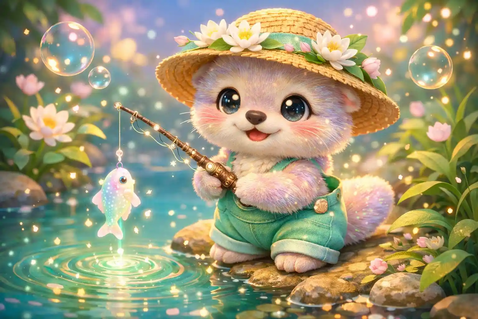 Dolce cucciolo di lontra che pesca accanto a uno stagno magico brillante