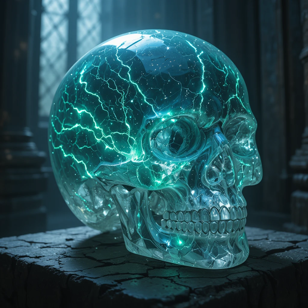 Crâne de cristal de quartz lumineux sur un autel de pierre sombre