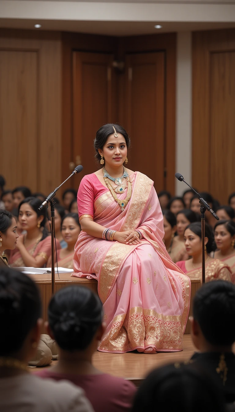 Indian woman giving spiritual talk on stage in saree