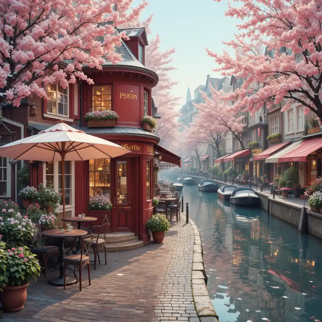 Cozy European canal cafe street with cherry blossoms