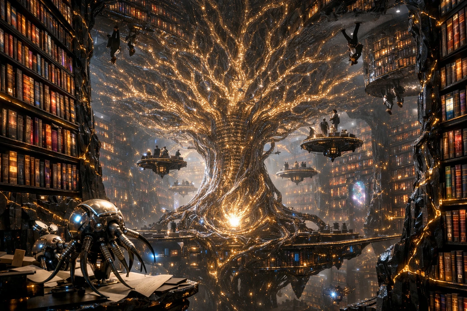 Vista cinematográfica de uma biblioteca infinita de obsidiana com estudiosos