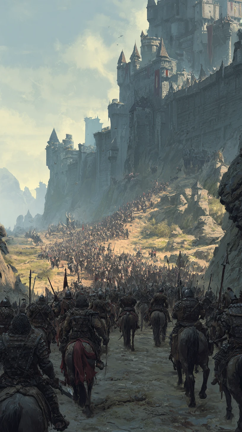 Horda de orcs avança sobre fortaleza medieval humana fortificada