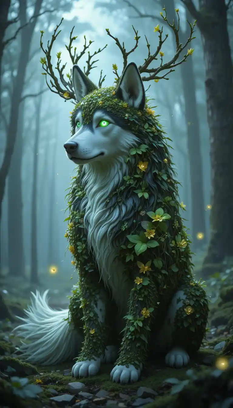 Spirito mistico di husky ricoperto di muschio nella foresta incantata