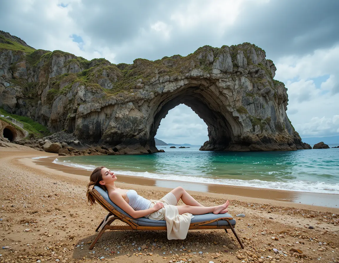 Paisagem marítima sombria com arco de pedra em Lulworth Cove sob nuvens