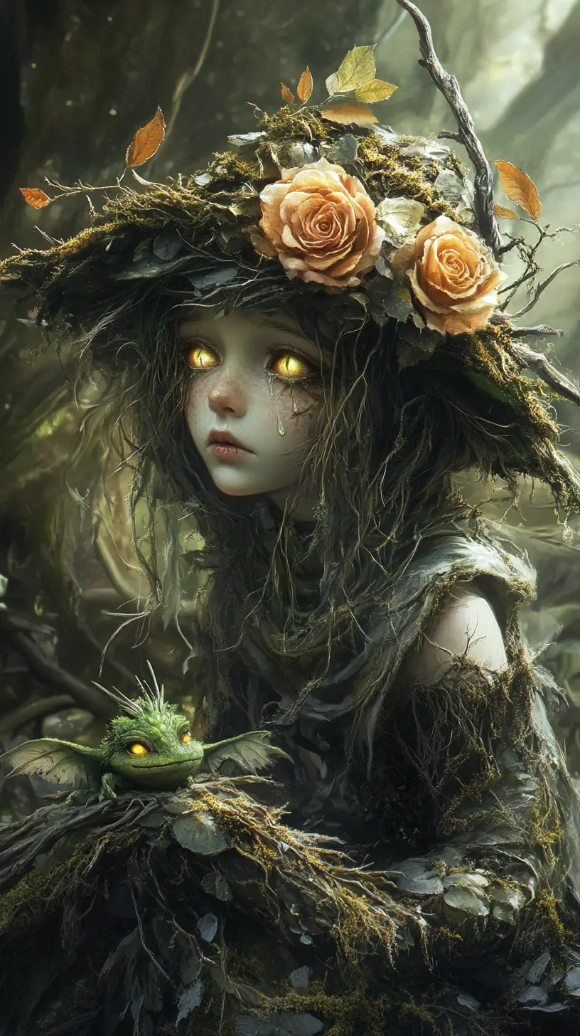 Bambino melanconico del bosco che tiene un piccolo drago verde