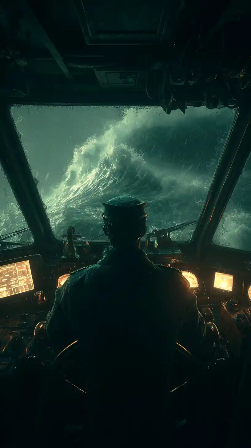 Sea Captain Facing Rogue Wave From Stormy Wheelhouse