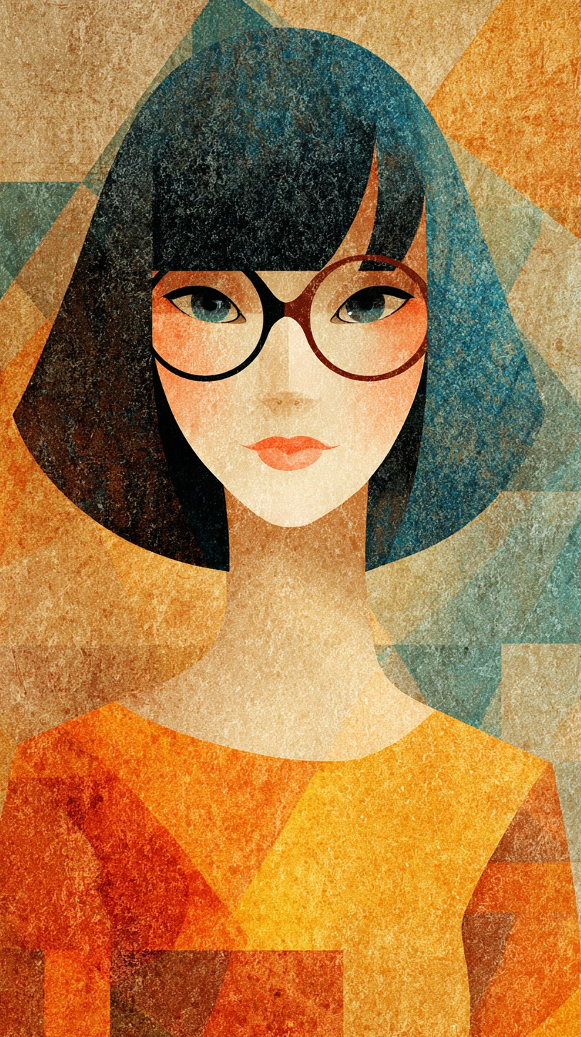 短髮與誇張幾何大框眼鏡的風格化女子