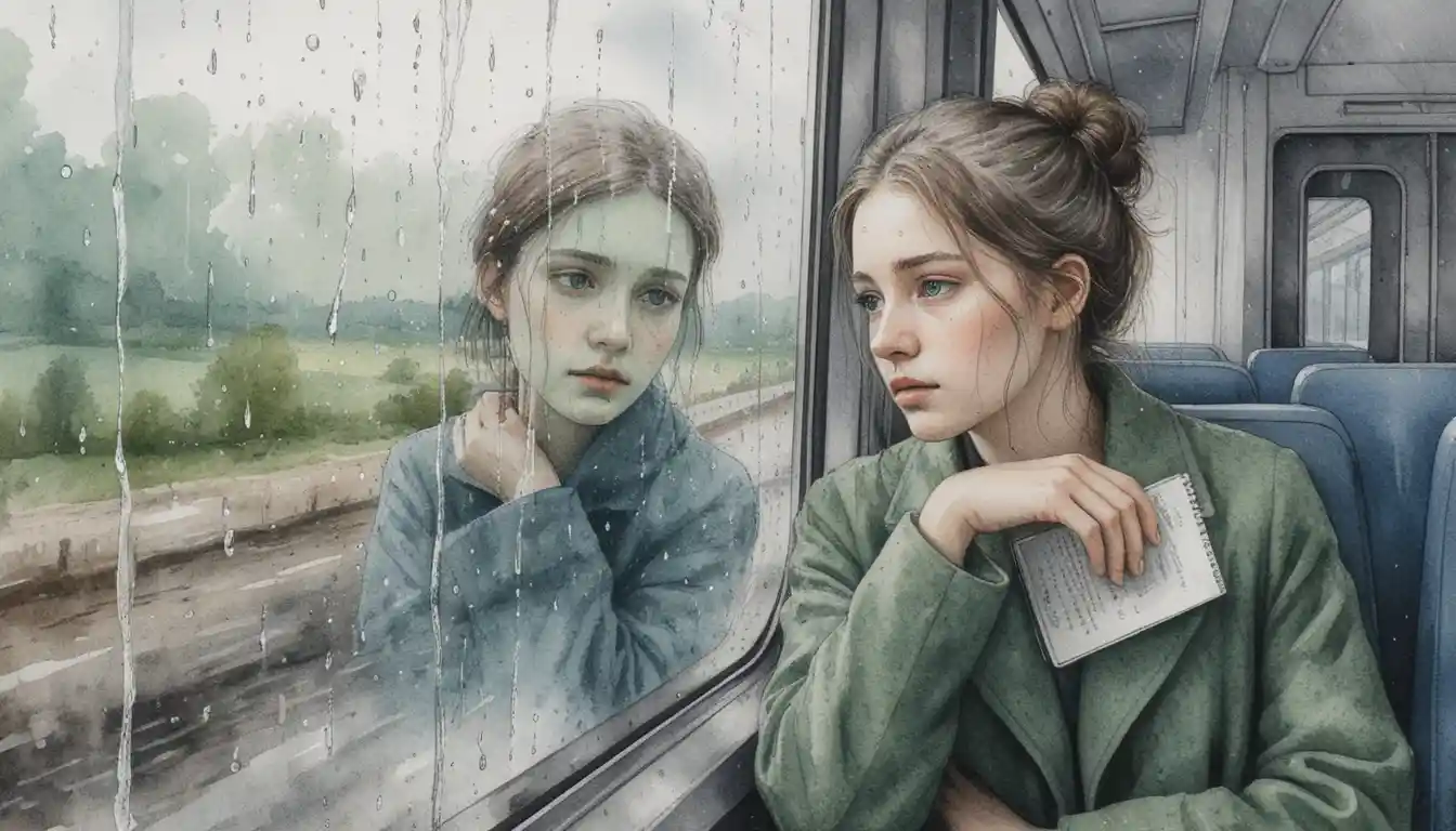 Melancholische junge Frau in einer regnerischen Zug-Aquarellszene