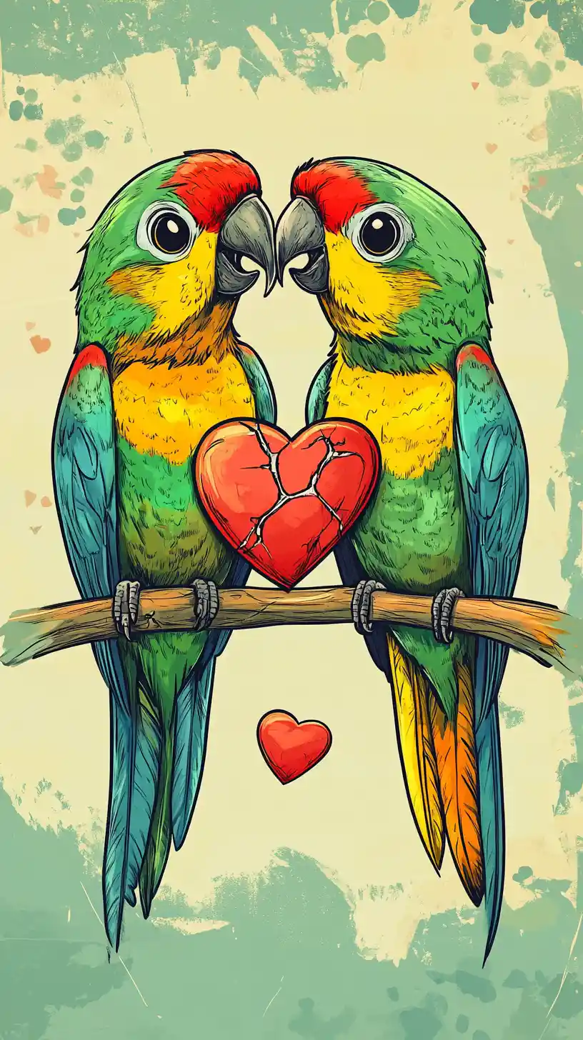 Cute Cartoon Parrots With Ironic Broken Heart Romance