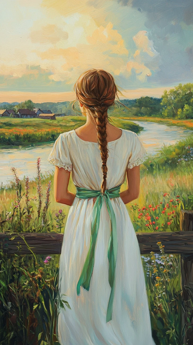 Jeune femme en robe blanche au bord d’une paisible rivière de campagne