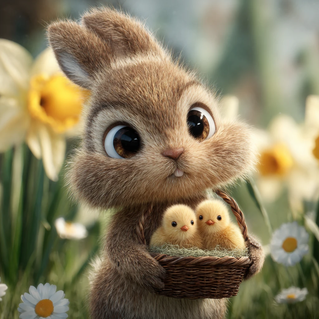 Coelhinho fofo segurando um ninho de pintinhos em um prado de primavera
