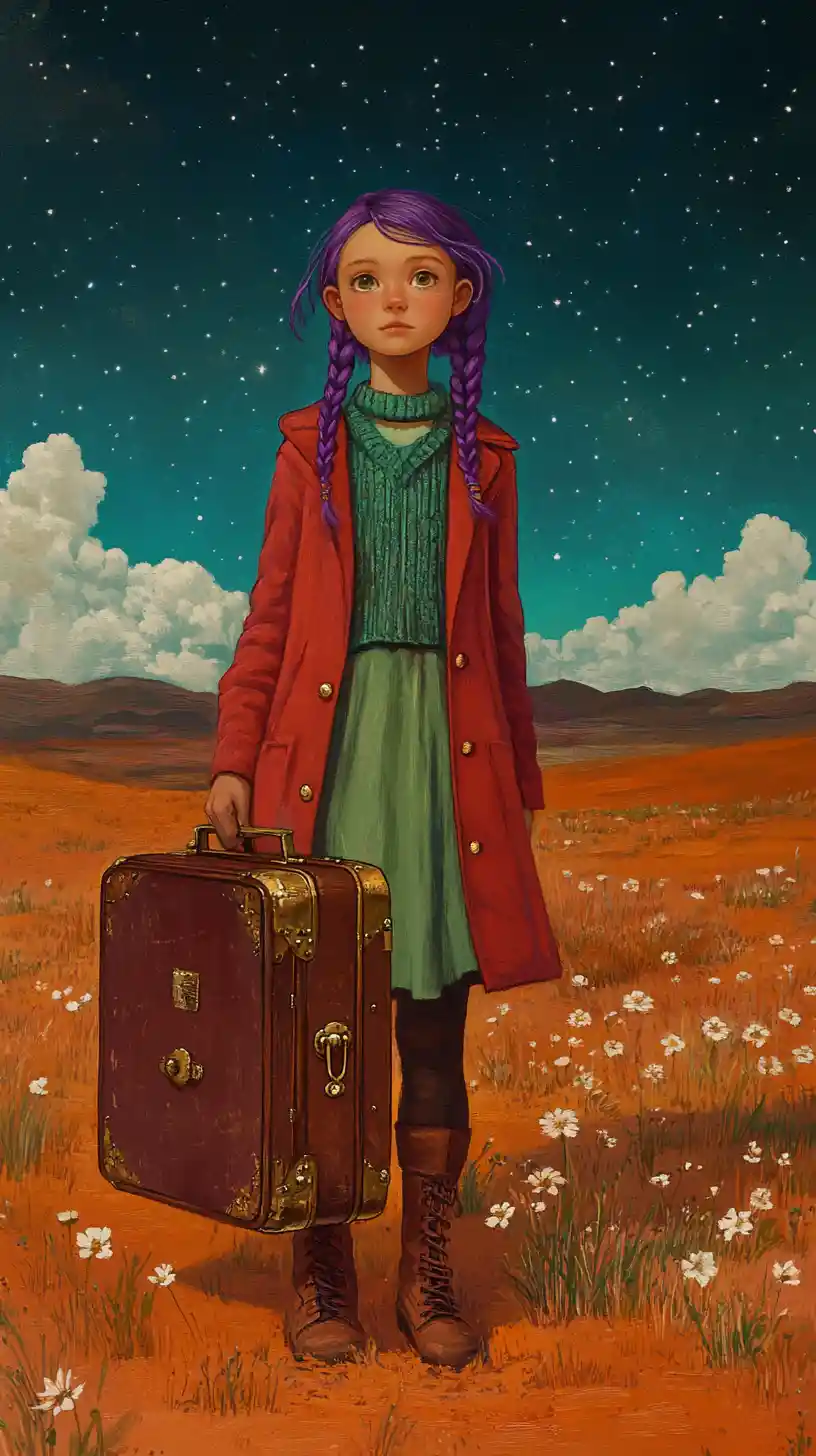 Giovane ragazza in un campo desertico con valigia vintage