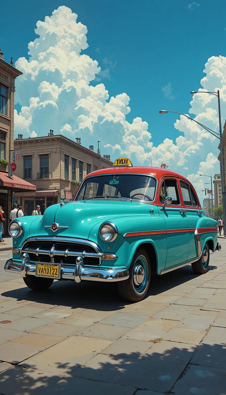 Táxi vintage turquesa em uma rua ensolarada da cidade