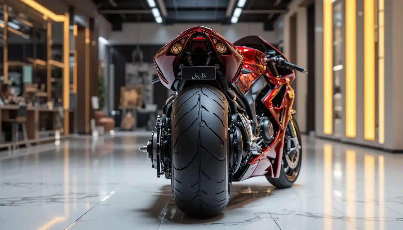 Red aerodynamic motorcycle in a glossy luxury showroom