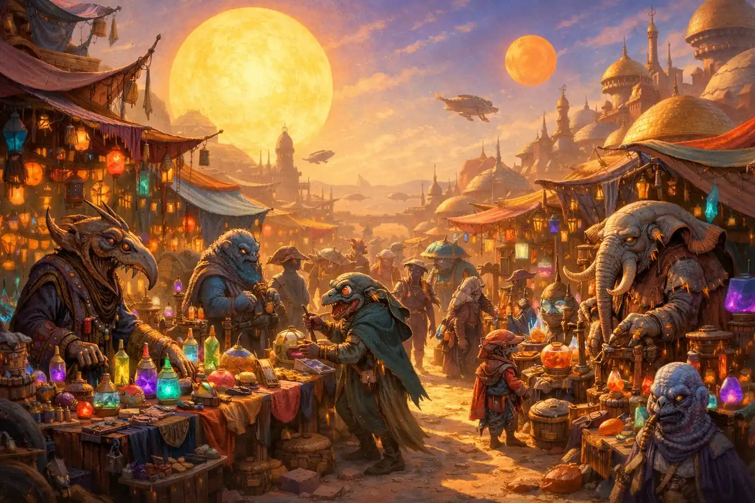 Bazar alieno sotto due soli in una vivace città nel deserto