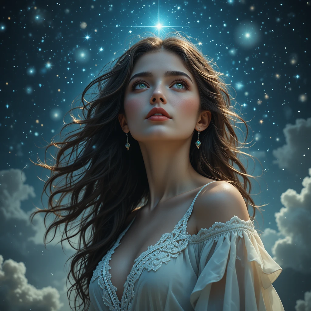 Frau im Boho-Kleid, die in den Sternenhimmel blickt
