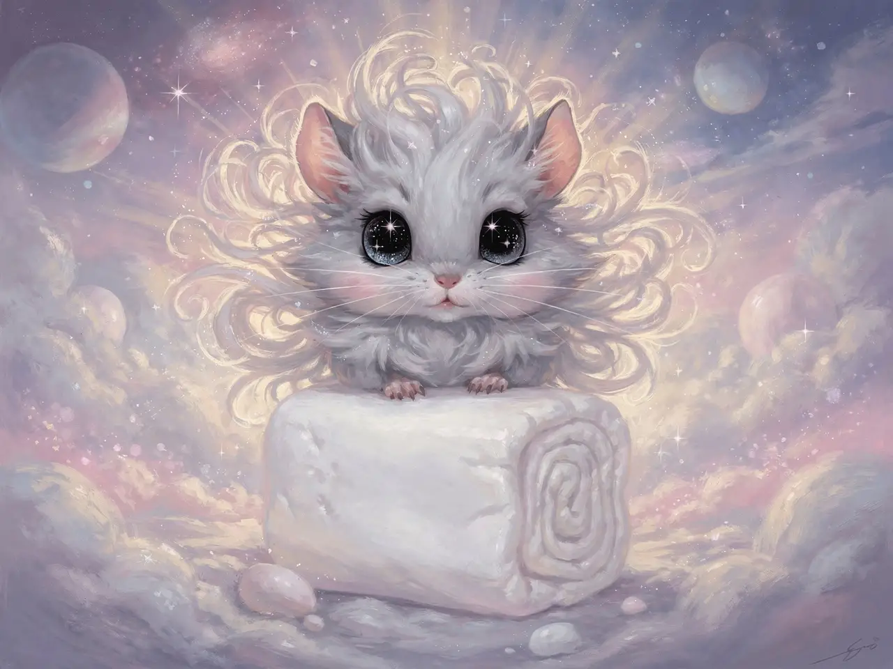 Fluffy baby chinchilla sitting on a giant marshmallow