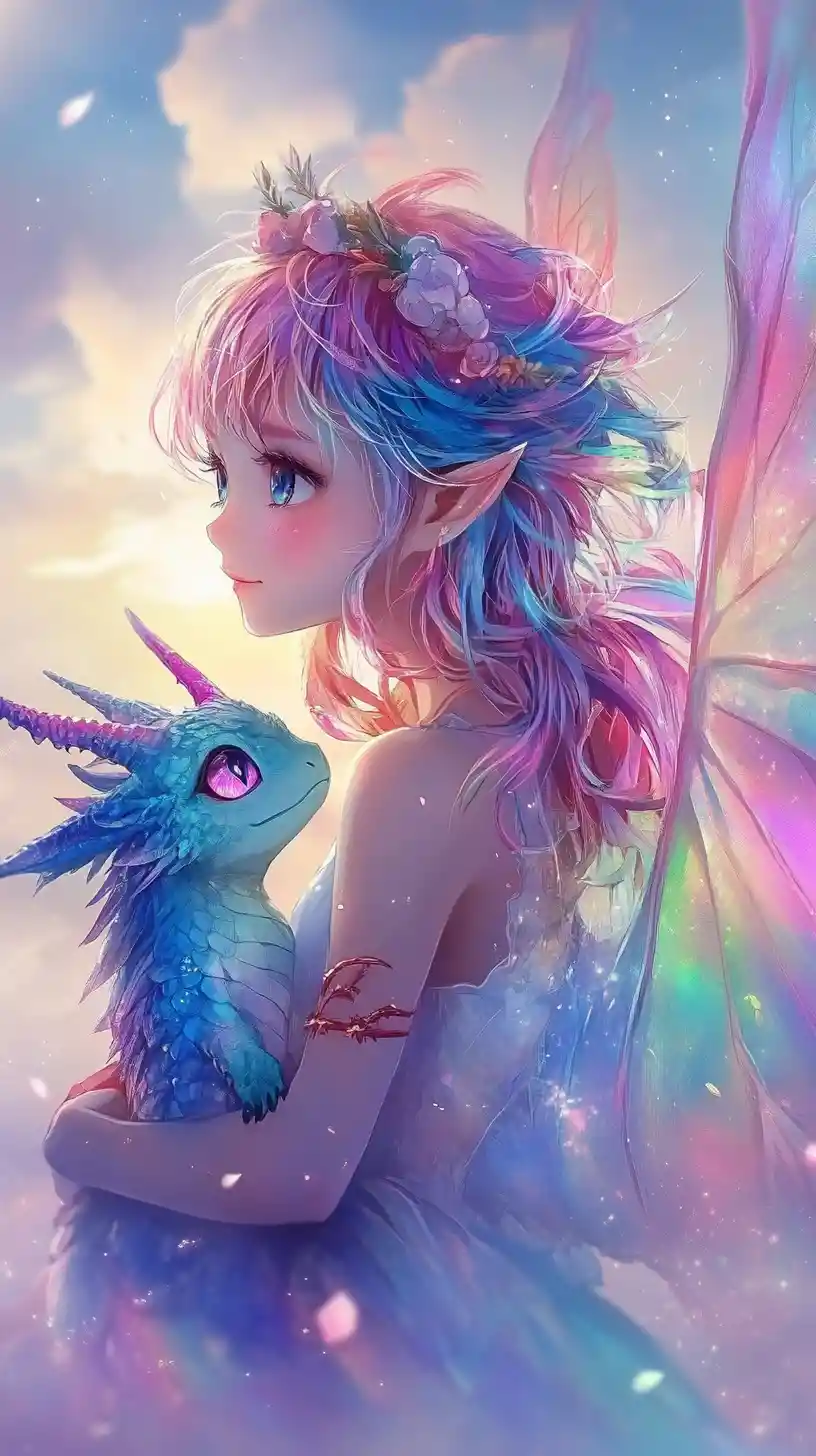 Garota fada de anime com pequeno dragão sob céu dos sonhos