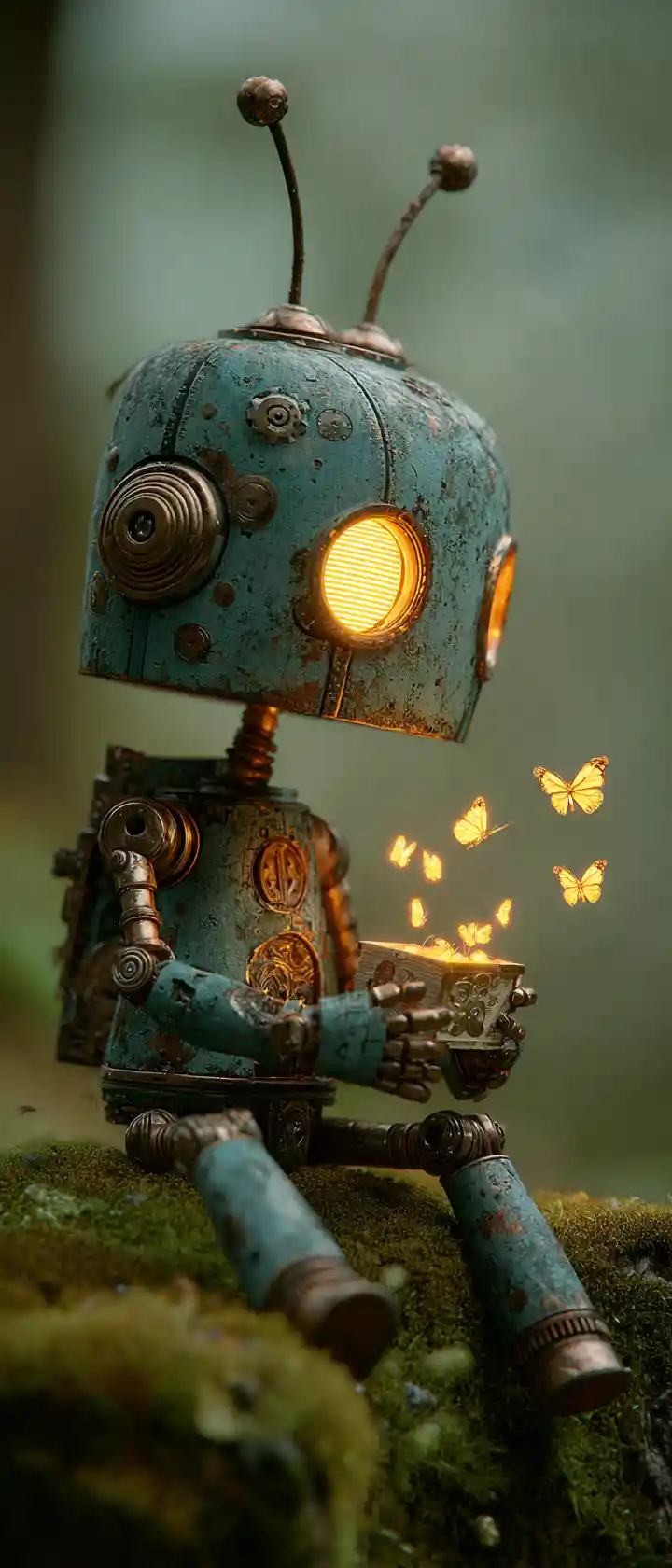 Petit robot sur banc moussu avec papillons musicaux voletants
