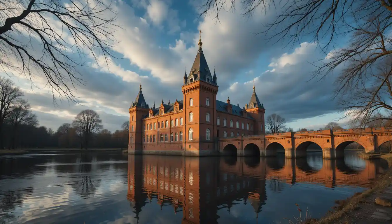 Castelo de tijolos com torre refletido em um fosso de água calma