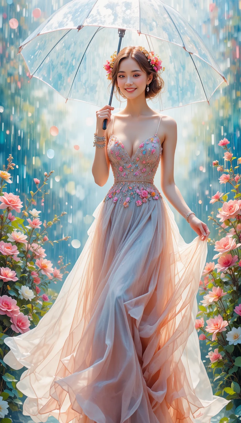 Joyful woman in chiffon under a transparent umbrella in rain