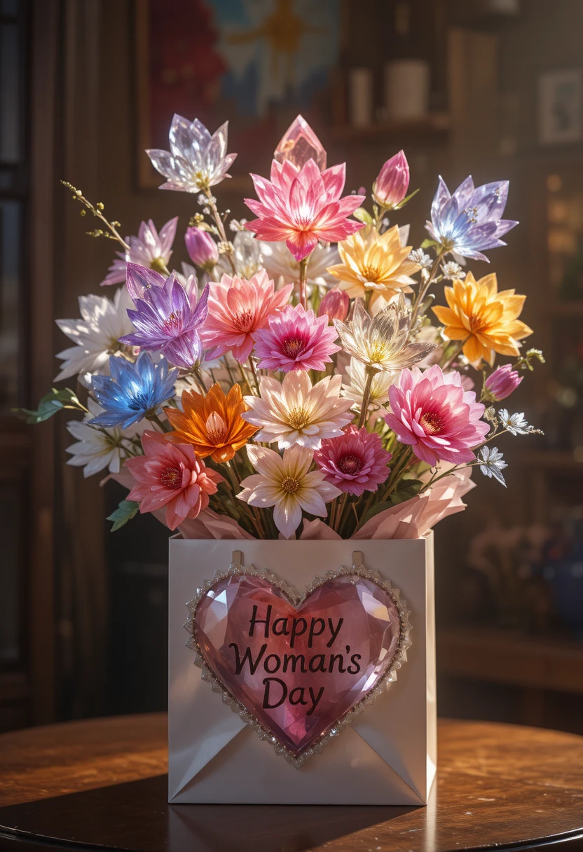 Ramo de flores de cristal en bolsa de regalo para el Día de la Mujer