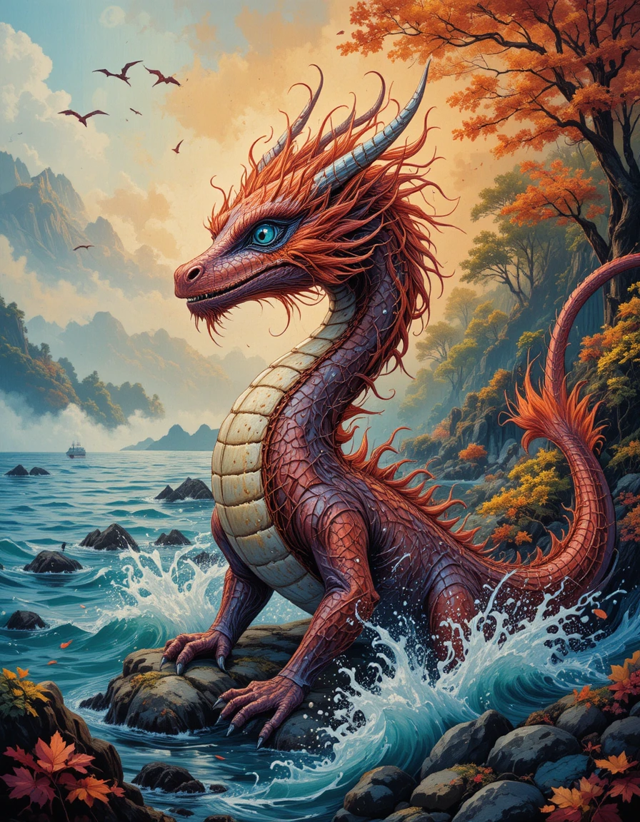 Playful magic dragon living happily by the wide sea