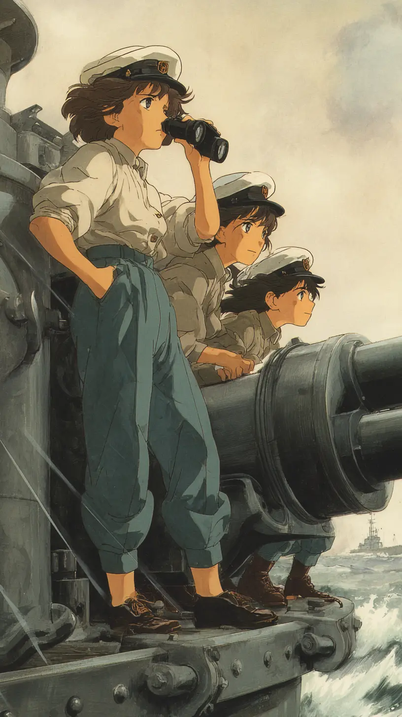 Anime-Mädchen bedienen ein riesiges Marinegeschütz auf See