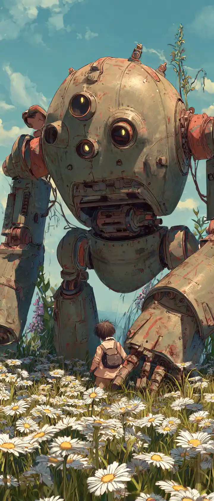 Gigantesco mecha in ginocchio in un campo di margherite all'alba