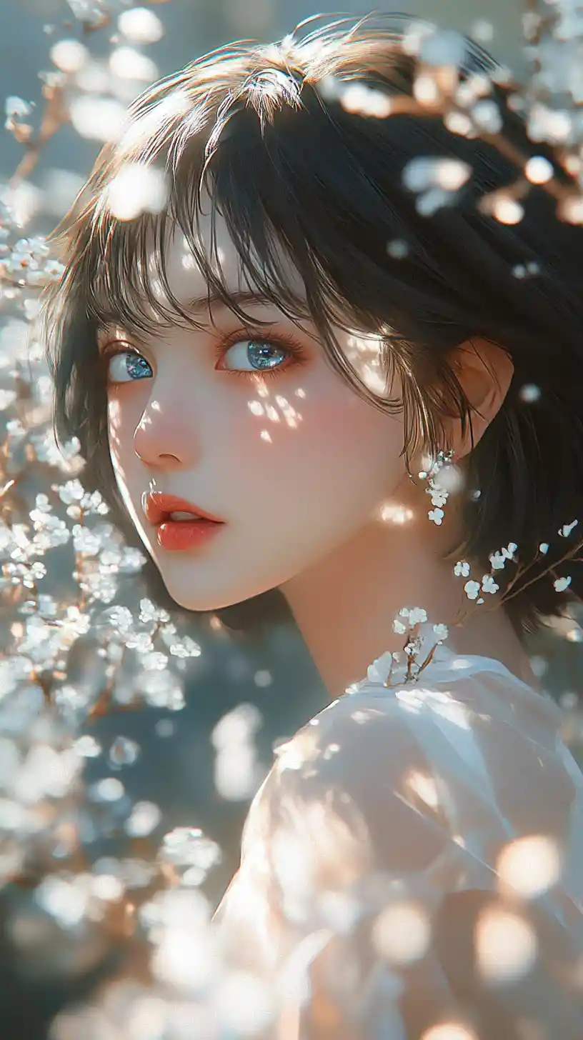 花ときらめく光に包まれたアニメ少女のポートレート