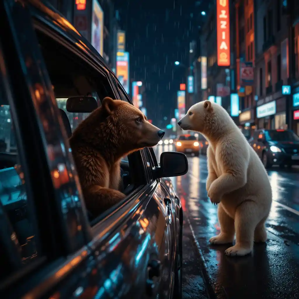 Urso-pardo andando de táxi à noite na rua da cidade