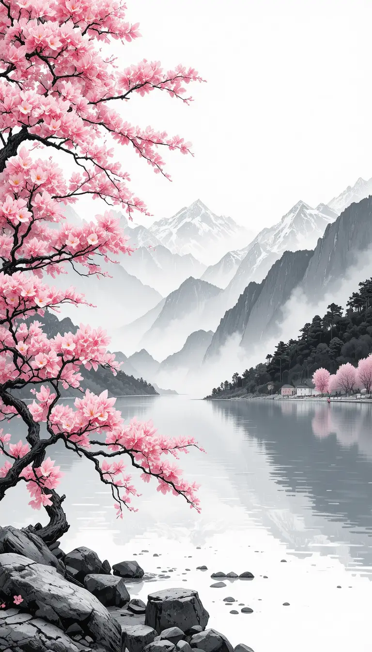 Fleurs de cerisier au bord d’un lac paisible avec des montagnes au loin