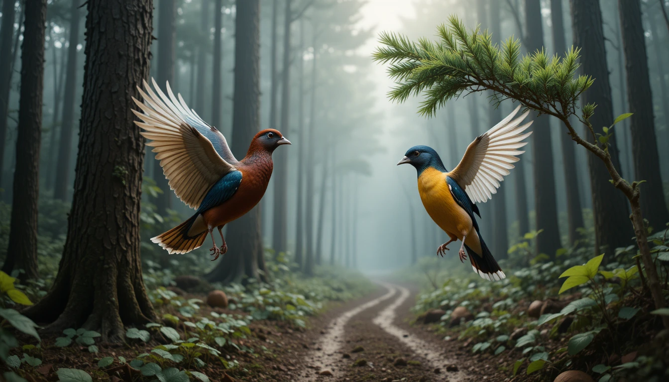Due coloratissimi uccelli del bosco in una scena di volo dinamica