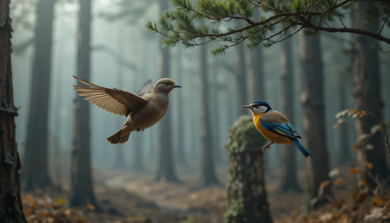 Due piccoli uccelli in volo sopra un sentiero di foresta avvolto nella nebbia