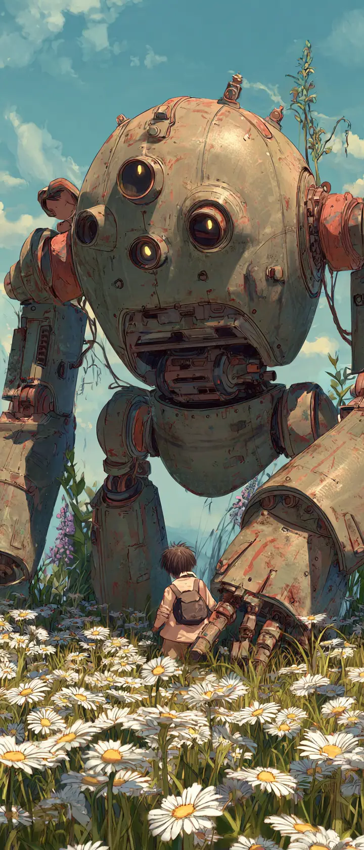 Riesiger kniender Mecha in einem Gänseblumenfeld im Morgengrauen
