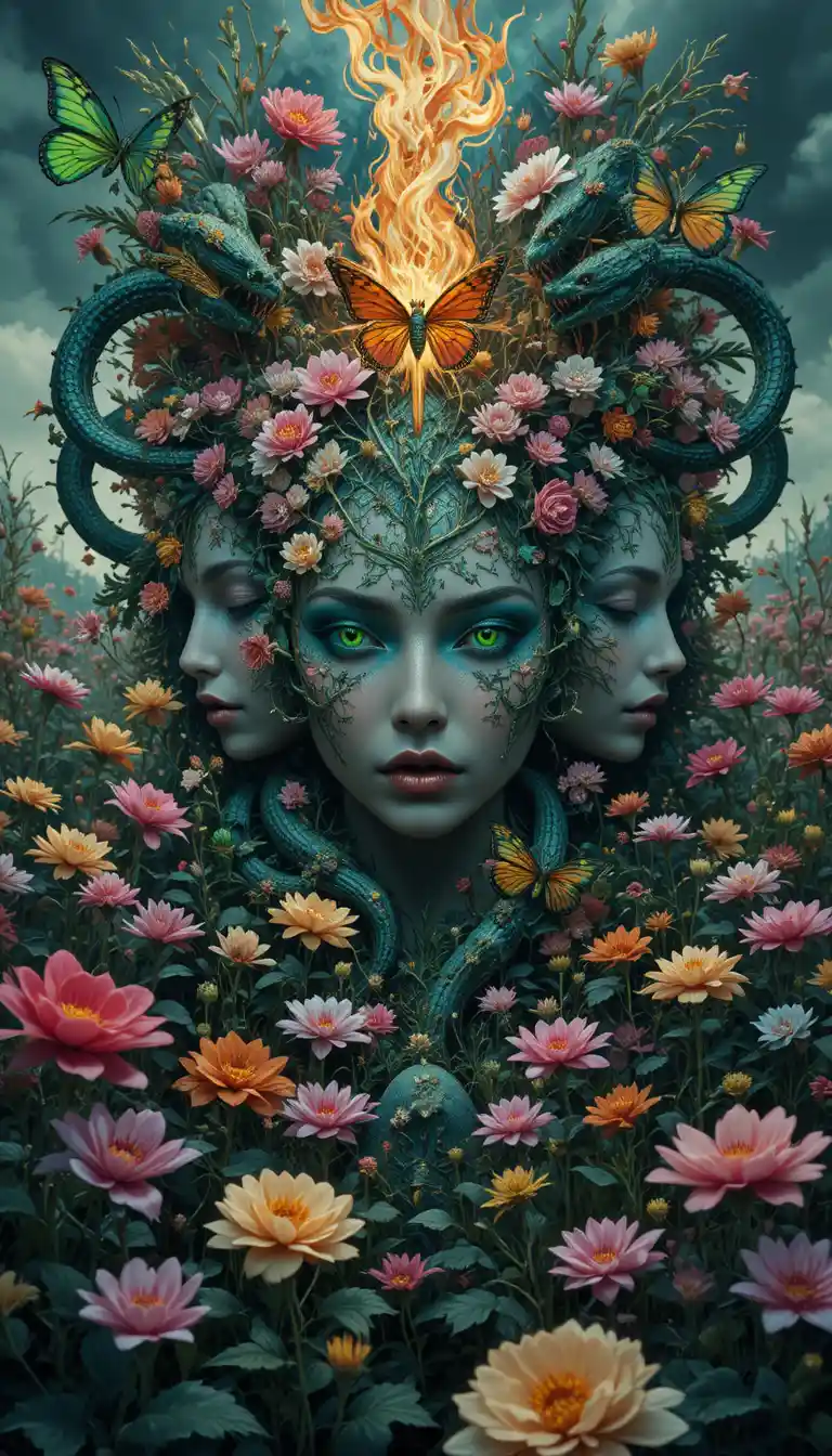 Woman faces emerging among flowers in a dense field