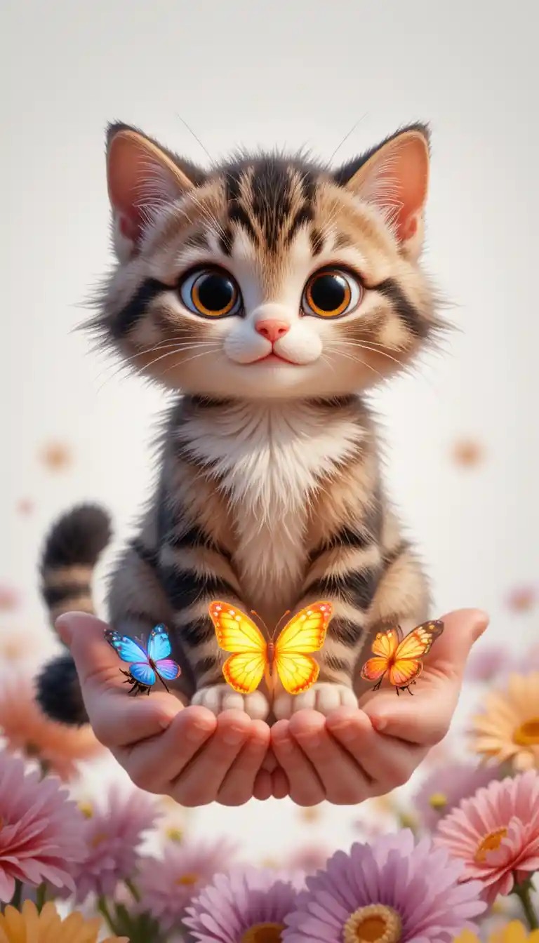Gatinho 3D fofinho com borboletas e flores neon