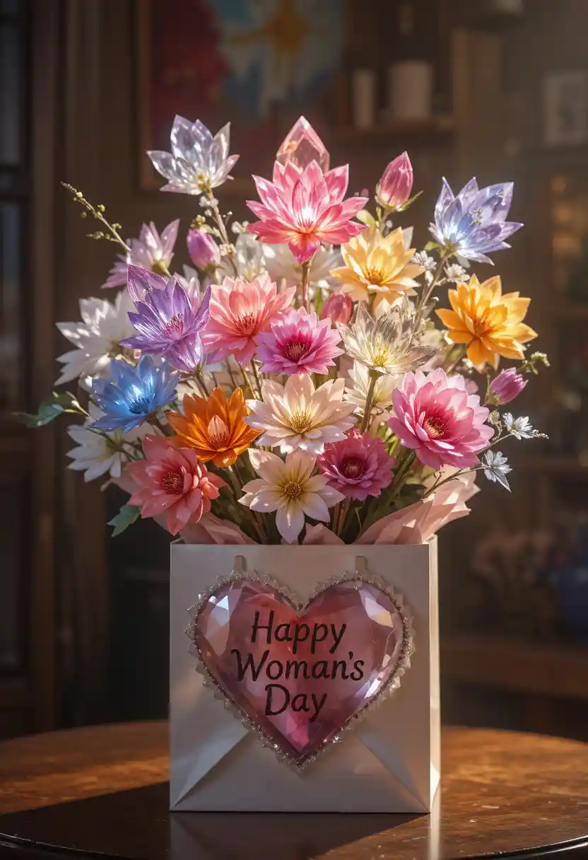 Ramo de flores de cristal en bolsa de regalo para el Día de la Mujer