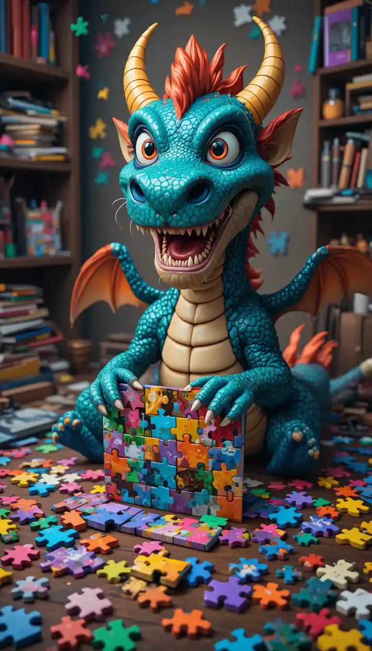 Dragão brincalhão montando um quebra-cabeça colorido
