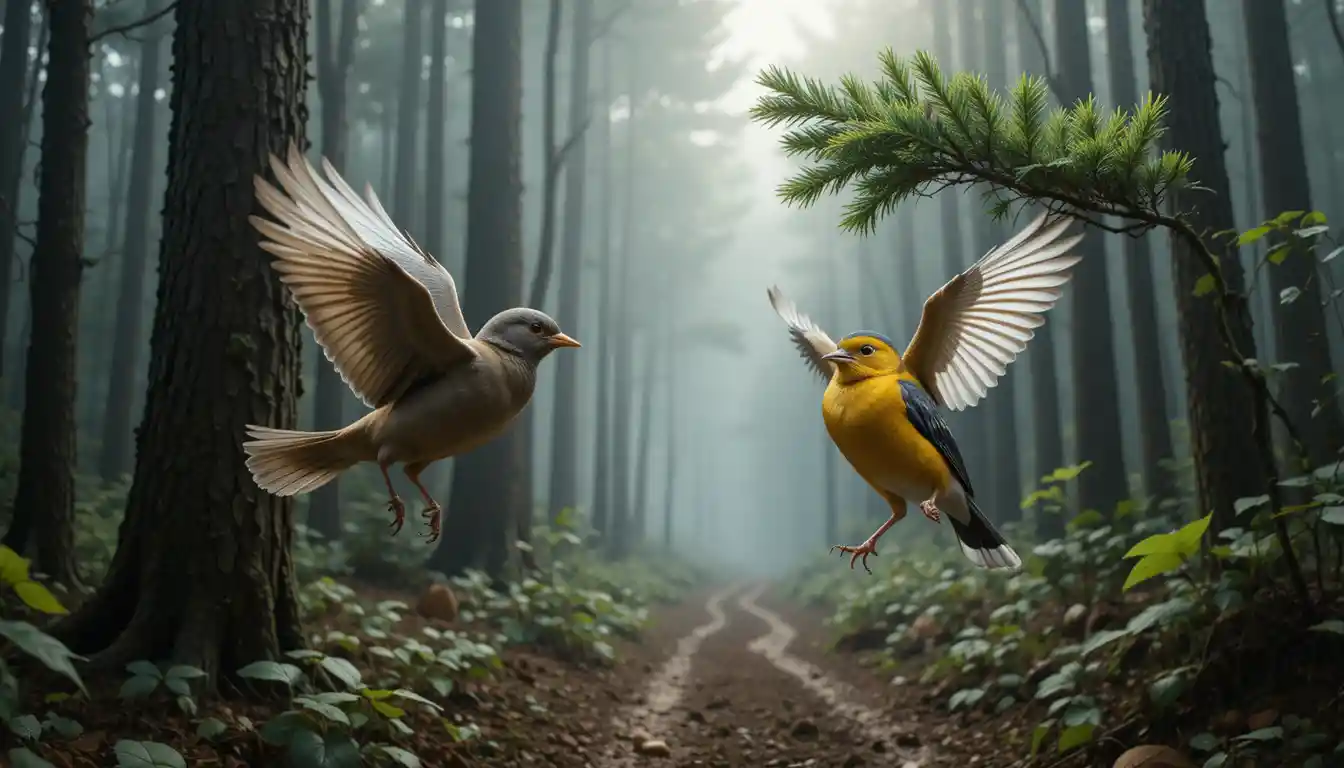 Dois pássaros em voo por uma floresta enevoada