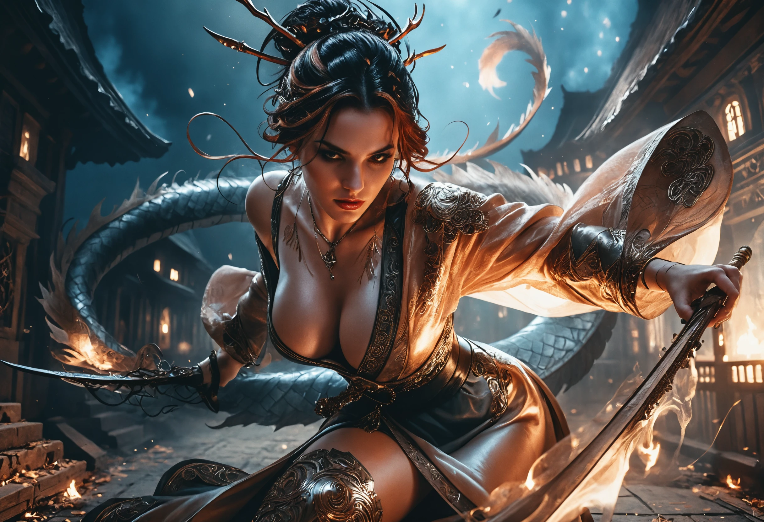 Dark haired fallen angel woman in noir moonlight